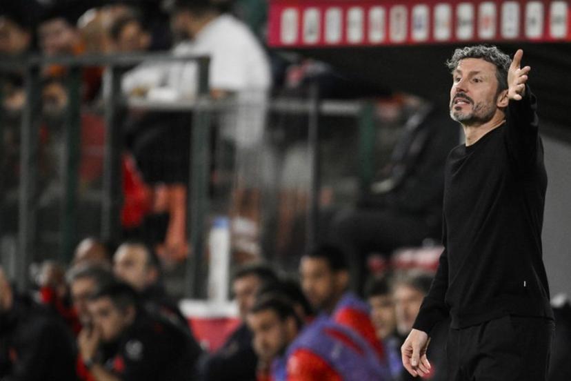 Belgium's coach Mark van Bommel shouts instructions to his players from the touchline during the UEFA Nations League, League A - Group 1, football match between Belgium and Turkey at the Maurice Dufrasne stadium, in Liege, eastern Belgium on October 2, 2026. JOHN THYS / AFP