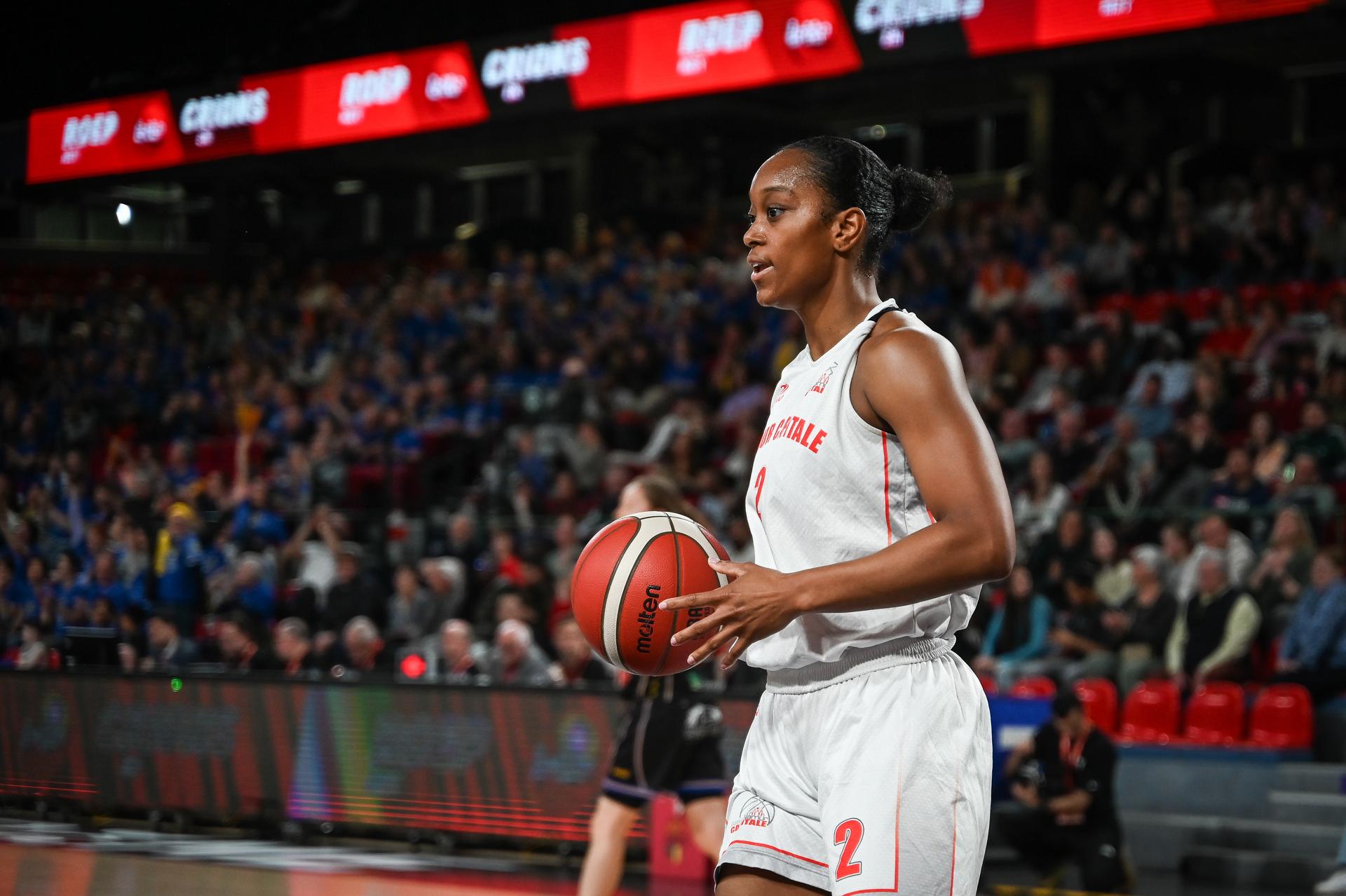 Namur's Nila Blackford pictured during a basketball match between Royal Castors Braine and Basket Namur Capitale, Sunday 22 March 2026 in Charleroi, the final of the women's Belgian 2026 Basketball Cup. BELGA PHOTO ELIAS ROM