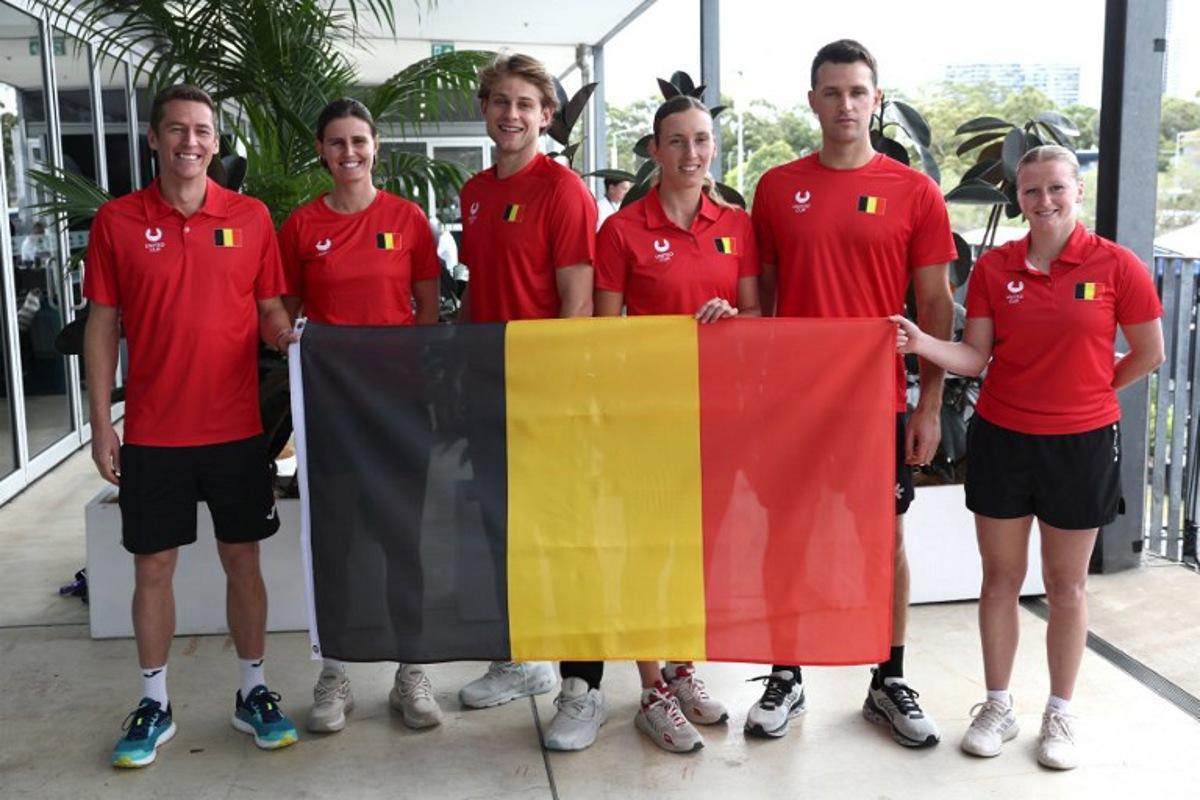 Team Belgium (L-R) Kimmer Coppejans, Greet Minnen, Zizou Bergs, Elise Mertens, Christopher Heyman and Lara Salden pose for a picture after their press conference ahead of the United Cup tennis tournament in Sydney on January 2, 2026. Izhar KHAN / AFP