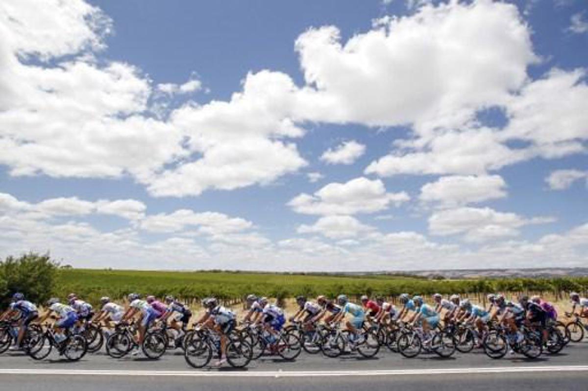 The peloton rides during the 151.5-km stage 5 of the Tour Down Under in Adelaide on January 26, 2013. The six-stage Tour Down Under is taking place from January 20 to 27. AFP PHOTO / Mark Gunter IMAGE STRICTLY RESTRICTED TO EDITORIAL USE - STRICTLY NO COMMERCIAL USE IMAGE STRICTLY RESTRICTED TO EDITORIAL USE - STRICTLY NO COMMERCIAL USE