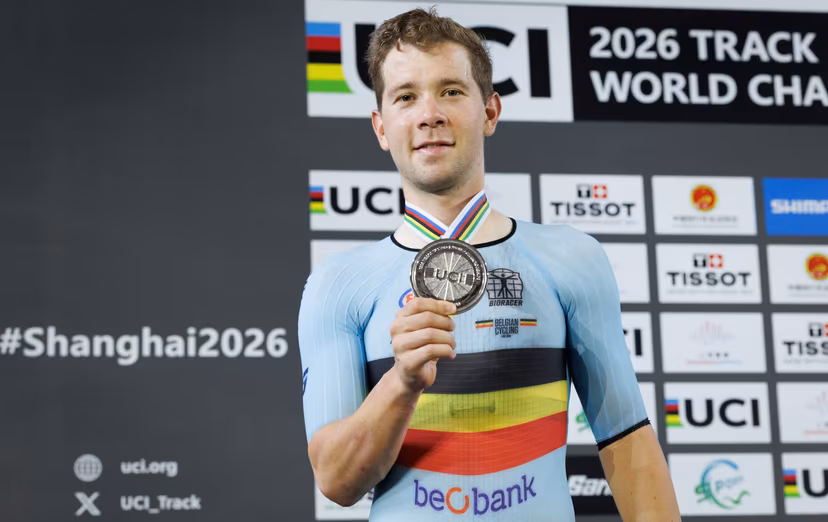 Belgian Fabio Van den Bossche winner of the silver medal pictured on the podium of the Men's omnium event at the UCI Track Cycling World Championships in Shanghai, China on Saturday 17 October 2026. The worlds are taking place from 14 to 18 October 2026. BELGA PHOTO BENOIT DOPPAGNE