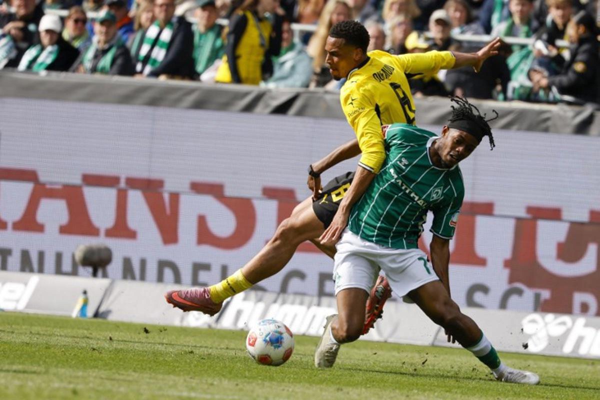 Bremen's Belgian midfielder #07 Samuel Mbangula and Dortmund's German midfielder #08 Felix Nmecha vie for the ball during the German first division Bundesliga football match between Werder Bremen and Borussia Dortmund in Bremen, northwestern Germany, on May 16, 2026. Focke Strangmann / AFP