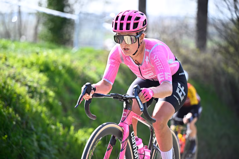 French Cedrine Kerbaol of EF Education-Oatly pictured in action during the women's race of the 'Ronde van Vlaanderen/ Tour des Flandres/ Tour of Flanders' UCI WorldTour one day cycling race, 164,1 km with start and finish in Oudenaarde, Sunday 05 April 2026. BELGA PHOTO JASPER JACOBS