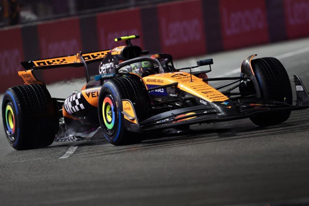 McLaren's British driver Lando Norris races during the qualifying session for the Las Vegas Formula One Grand Prix at the Las Vegas Strip Circuit in Las Vegas, Nevada, on November 21, 2025. Patrick T. Fallon / AFP