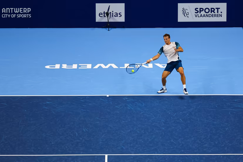 Belgian Michael Geerts pictured in action during the qualifying phase of the European Open Tennis ATP tournament, in Antwerp, Sunday 13 October 2024. BELGA PHOTO DAVID PINTENS